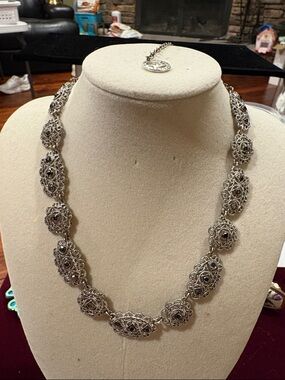Trifari Silver Filigree Crystal Station Necklace - Women Jewelry. 16”